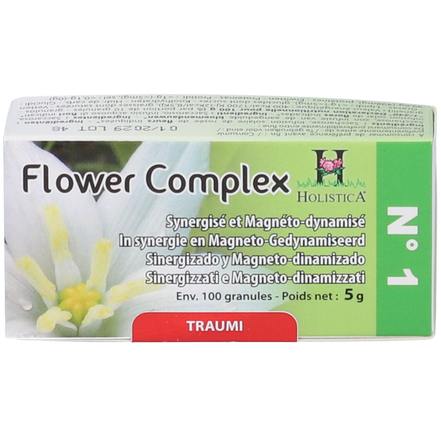 Scatola di Flower Complex N°1 Traumi Granuli. Design verde e bianco, nome e logo visibili. Contiene 100 granuli.