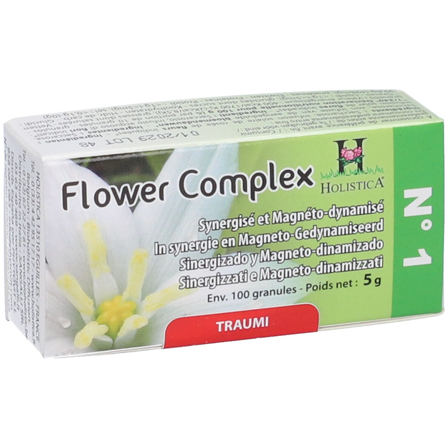 Scatola di Flower Complex N°1 Traumi Granuli. Design verde e bianco, nome e logo visibili. Contiene 100 granuli.