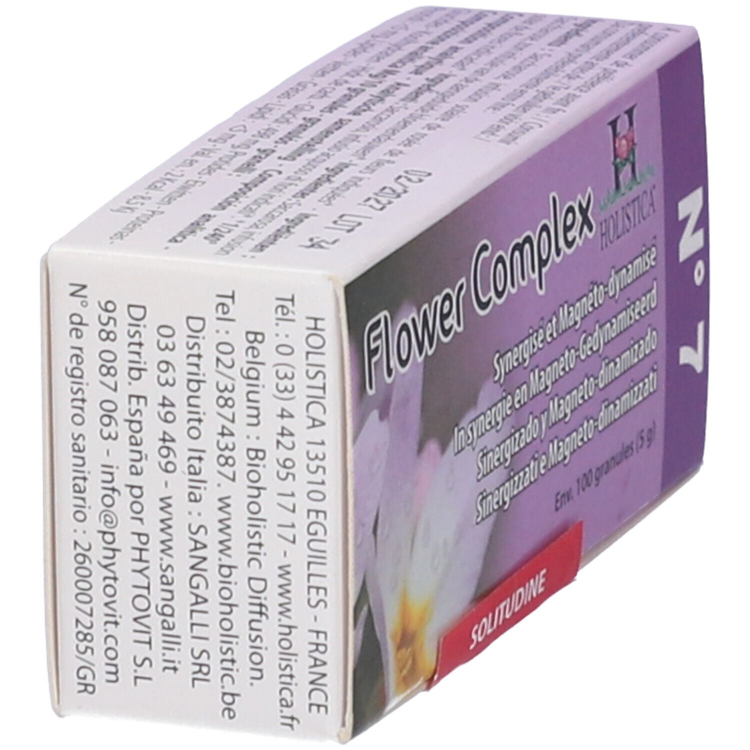 Vista obliqua della confezione. Flower Complex n.7. Testo multilingue. Logo Holistica.