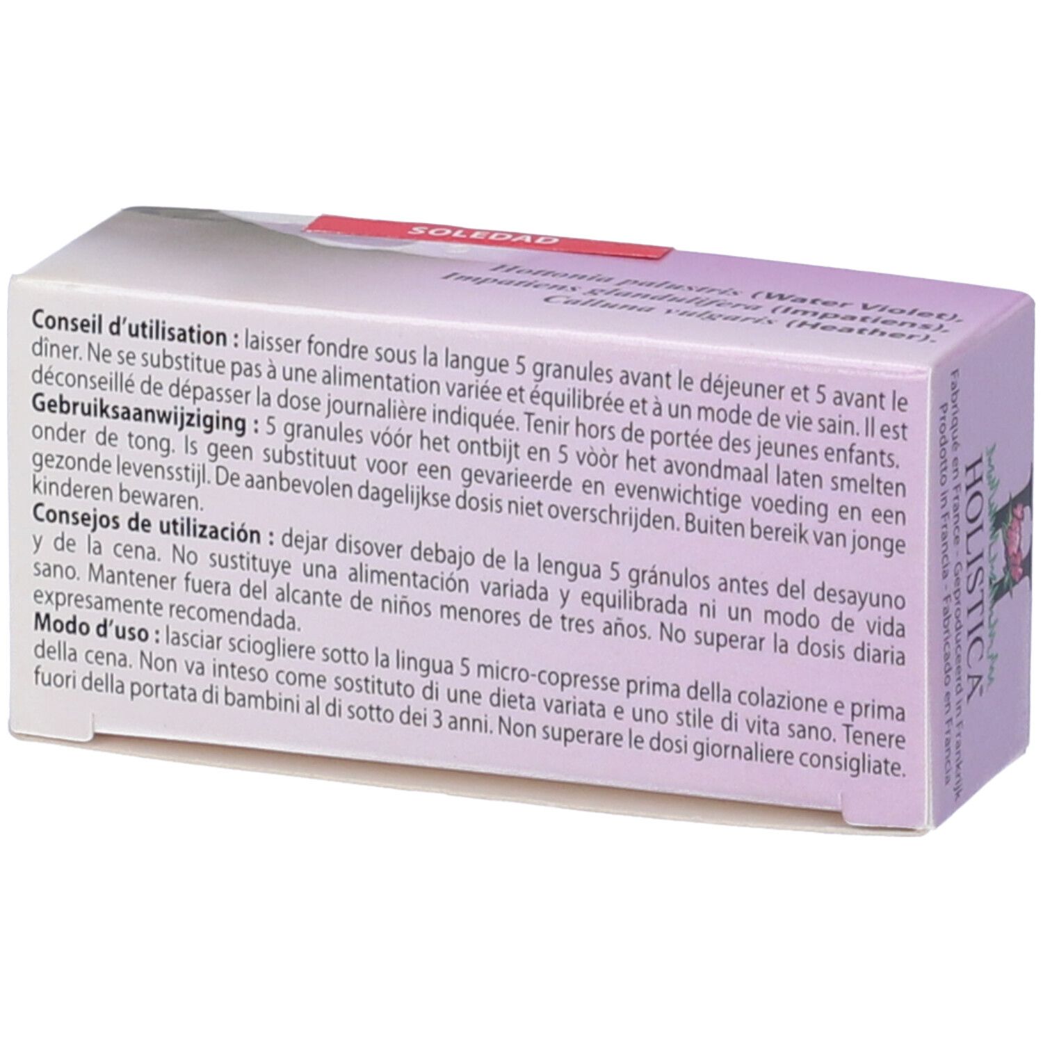 Retro della confezione. Testo multilingue. Nome del prodotto non visibile. Logo Holistica.