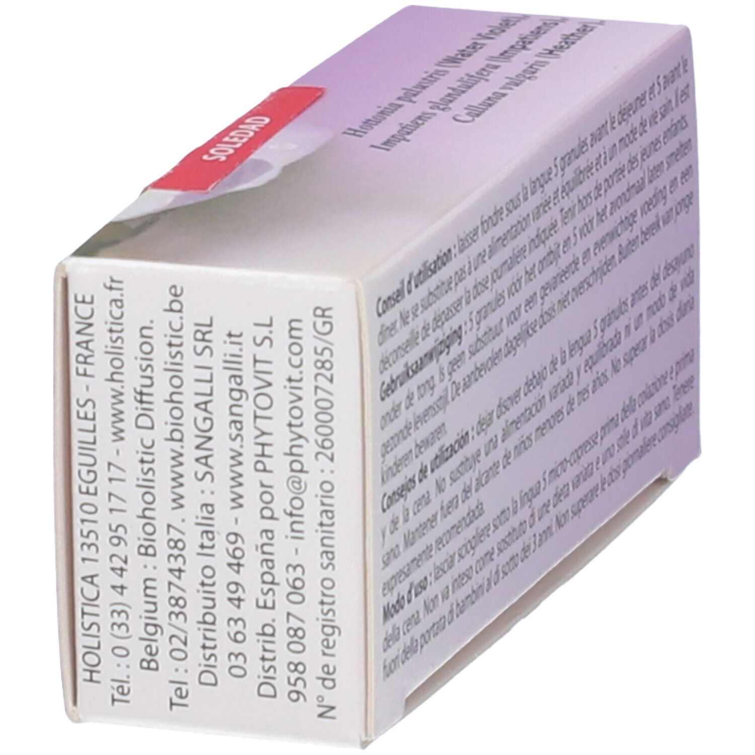 Vista obliqua della confezione. Retro con testo multilingue. Logo Holistica.