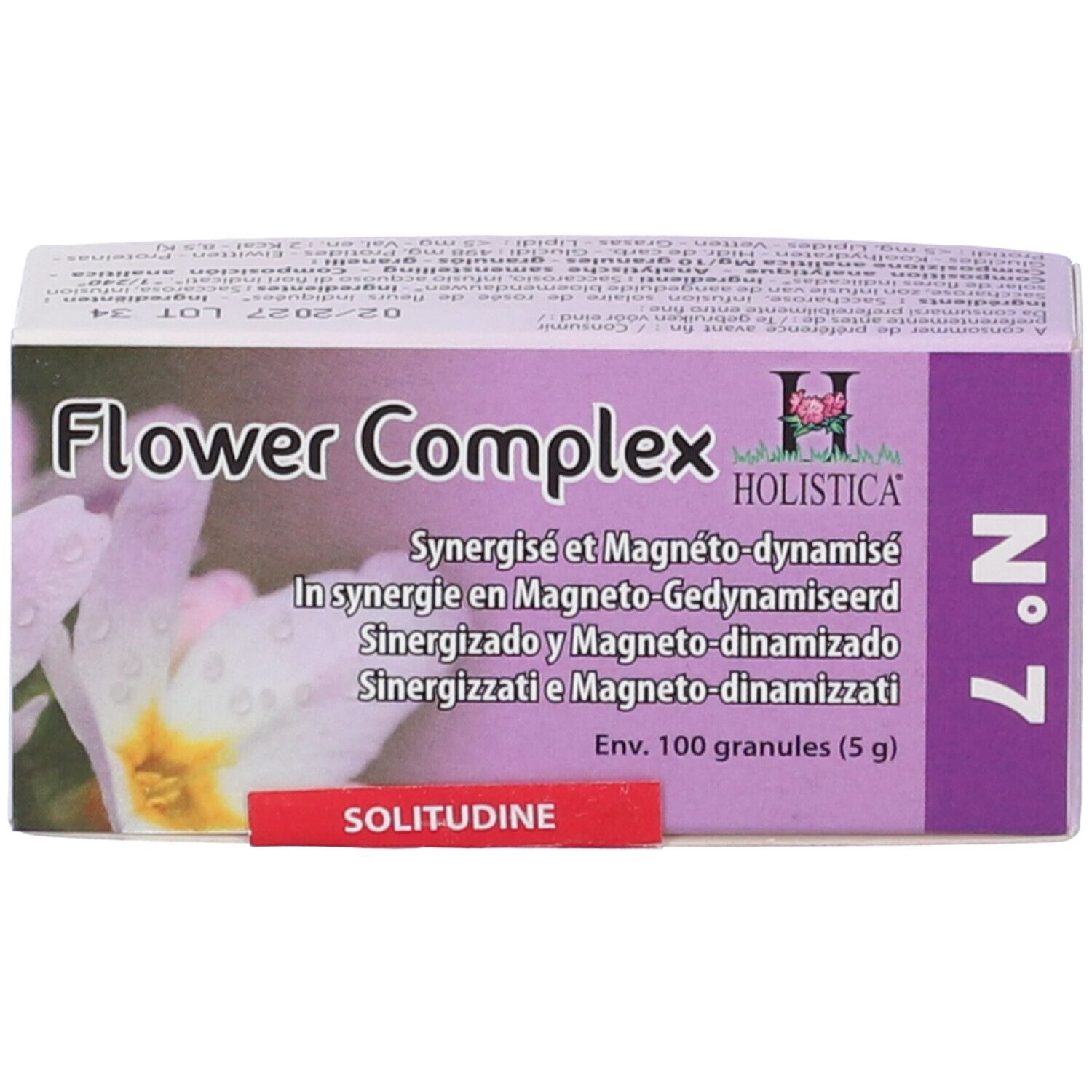 Confezione Flower Complex n.7. Testo multilingue. Striscia rossa Solitudine. Logo Holistica.