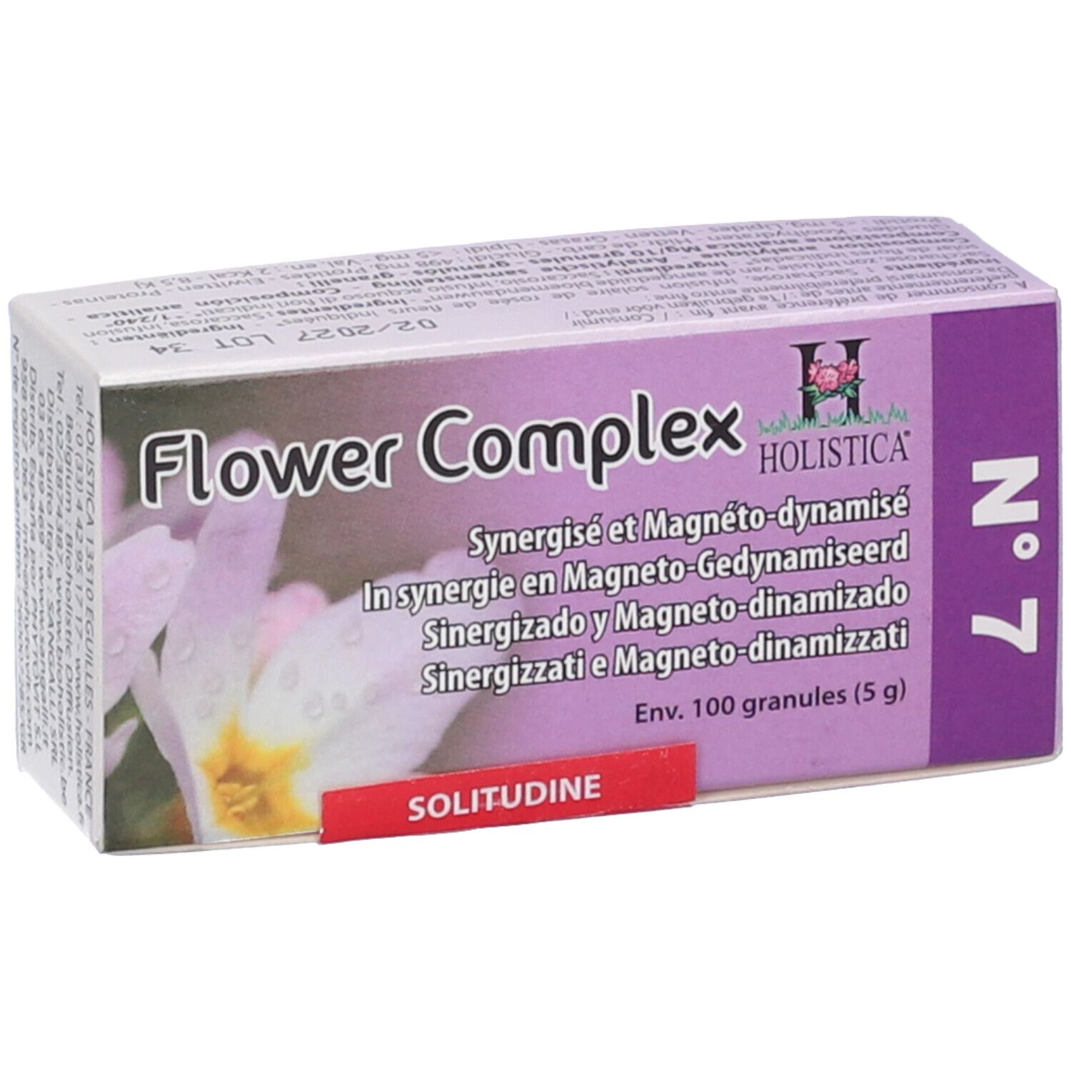 Confezione Flower Complex n.7. Testo multilingue. Striscia rossa Solitudine. Logo Holistica.