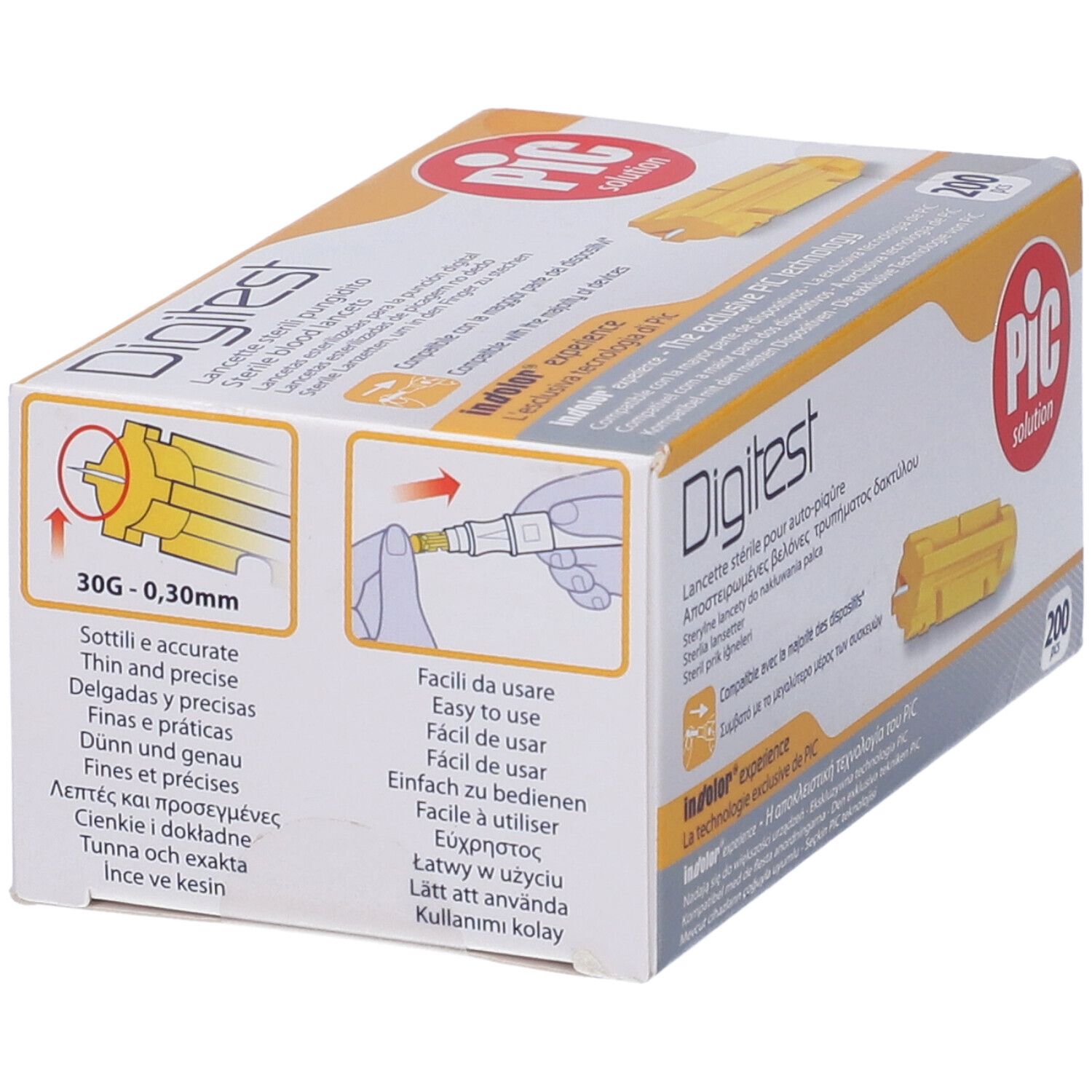 Confezione Digitest. Immagine di lancette gialle. 30G-0,30mm. Logo PIC. Informazioni multilingue.
