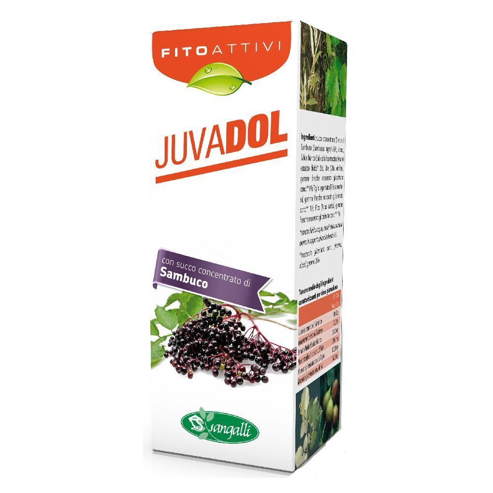Scatola Juvadol, logo e illustrazione di bacche di sambuco. Testo: « con succo concentrato di Sambuco ».