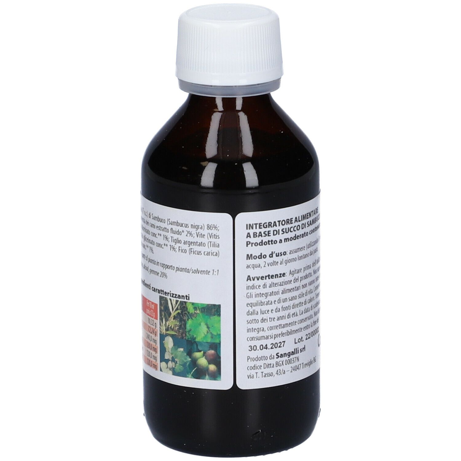 Flacone marrone con tappo bianco. Etichetta con nome Juvadol, testo e logo. 16% VOL.
