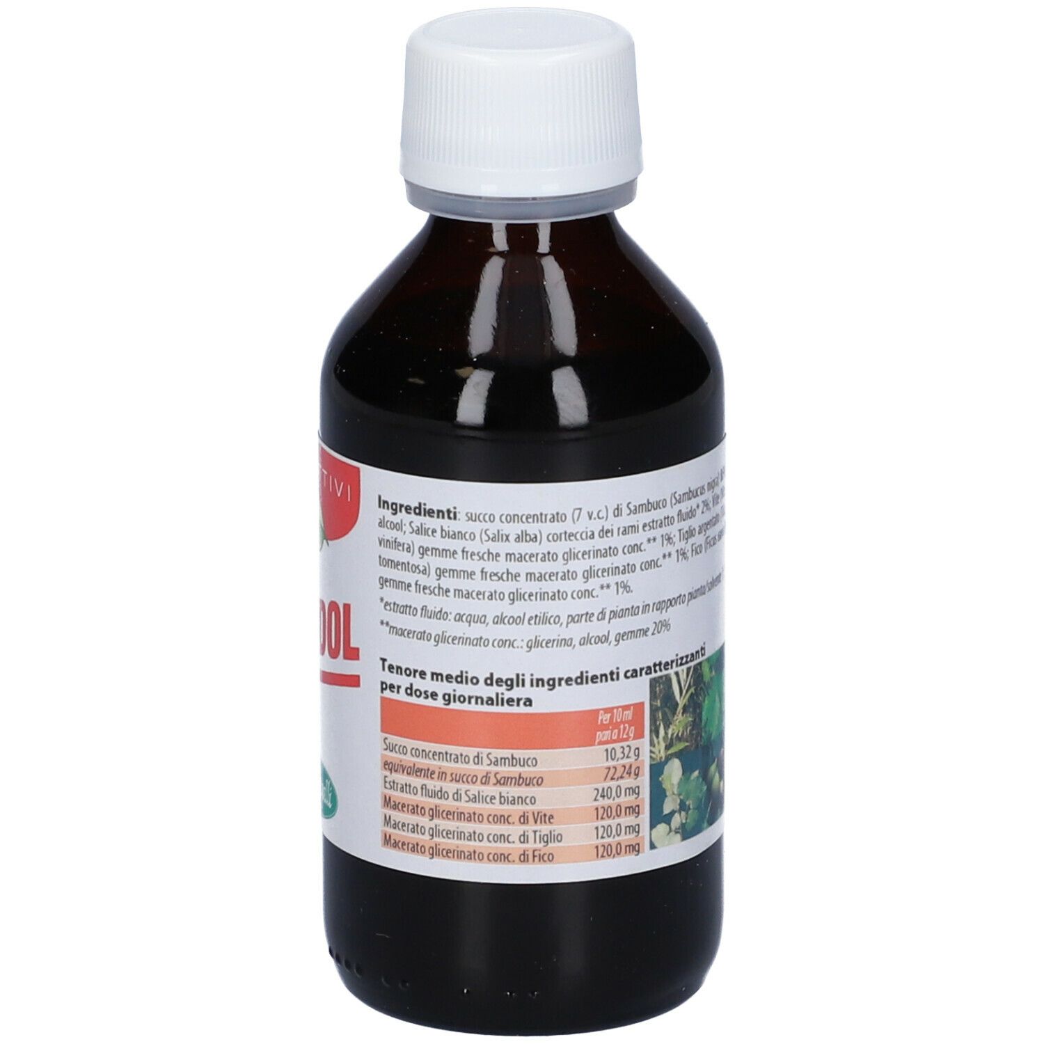 Flacone marrone con tappo bianco. Etichetta con nome Juvadol, testo e logo. 16% VOL.