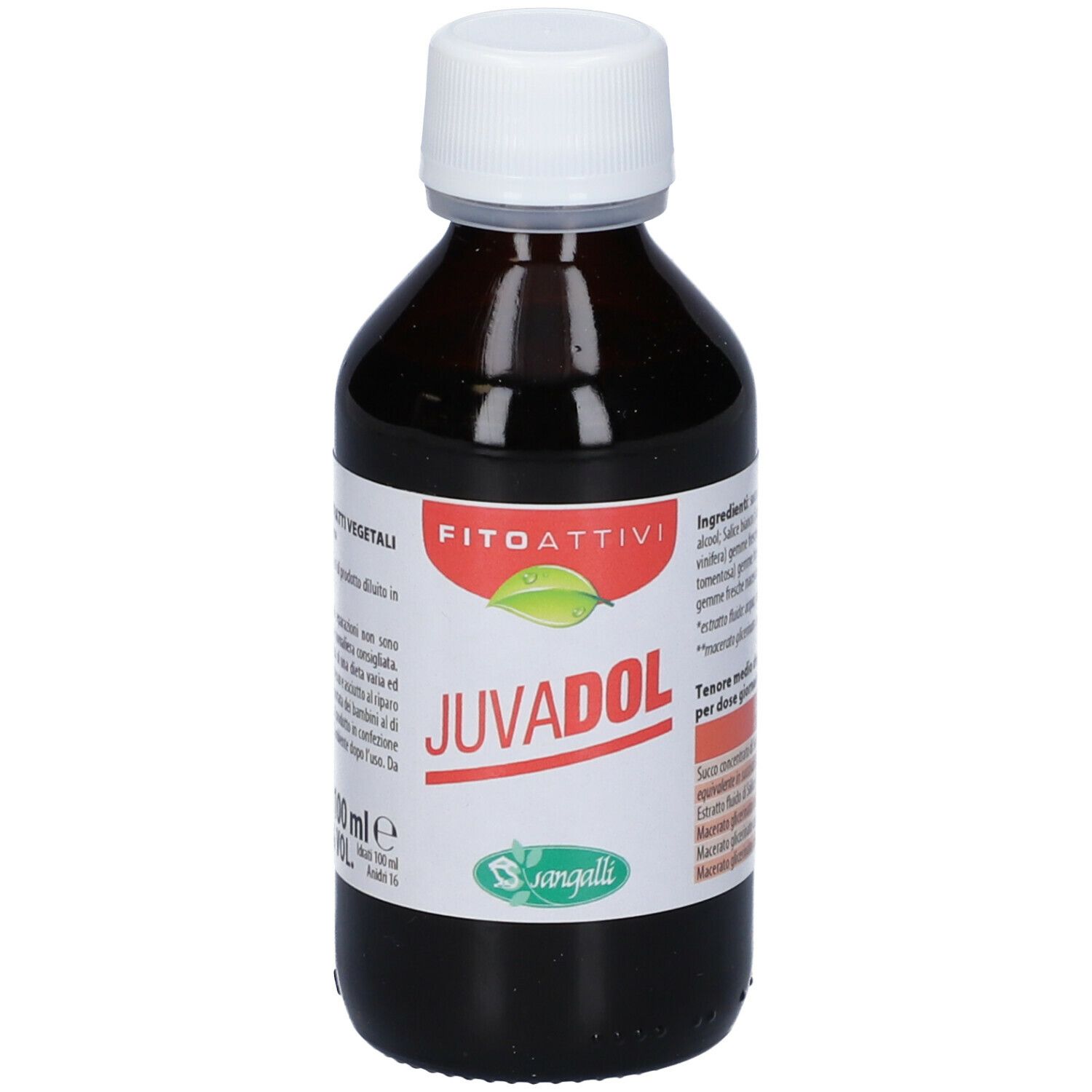 Flacone marrone con tappo bianco. Etichetta con nome Juvadol, testo e logo. 16% VOL.