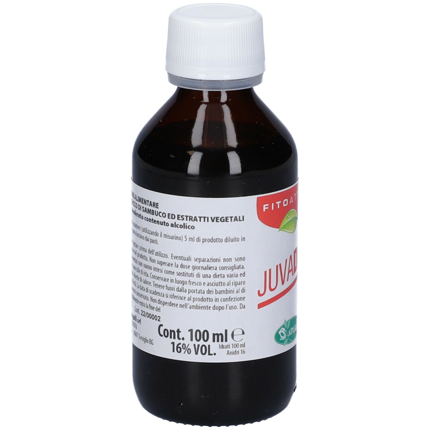 Flacone marrone con tappo bianco. Etichetta con nome Juvadol, testo e logo. 16% VOL.