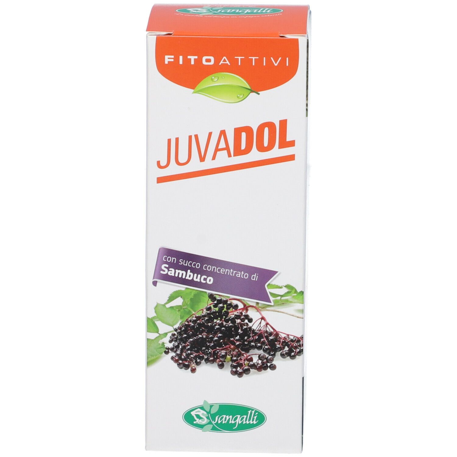 Scatola Juvadol, logo e illustrazione di bacche di sambuco. Testo: « con succo concentrato di Sambuco ».