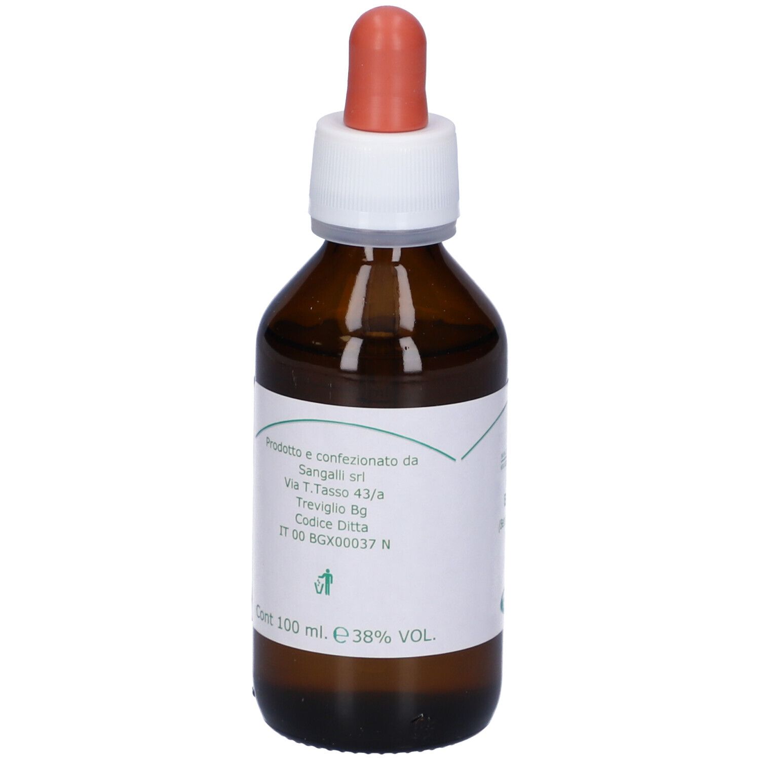 Flacone in vetro marrone con etichetta bianca e contagocce rosso. Contiene liquido.