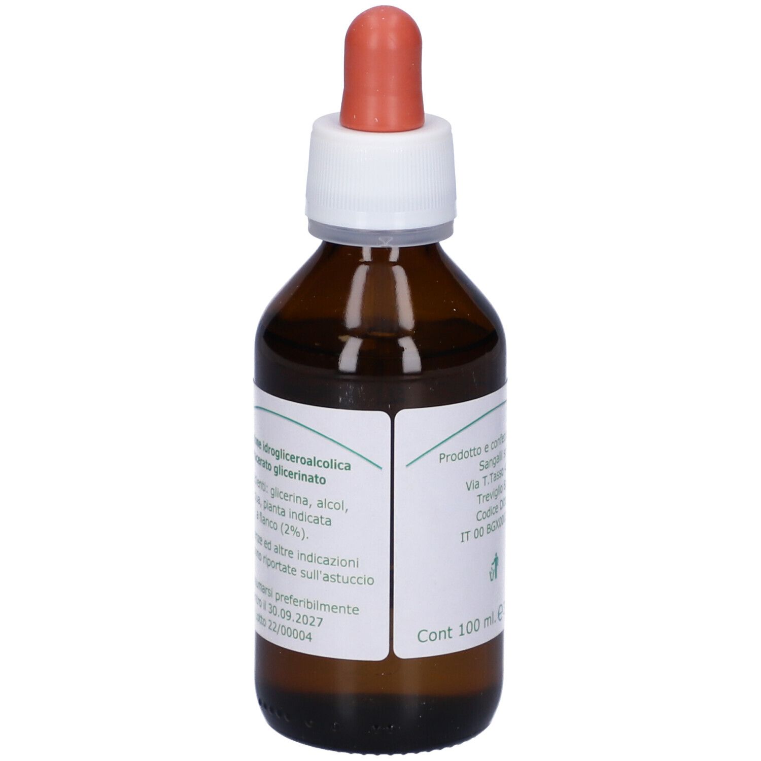 Flacone in vetro marrone con etichetta bianca e contagocce rosso. Contiene liquido.