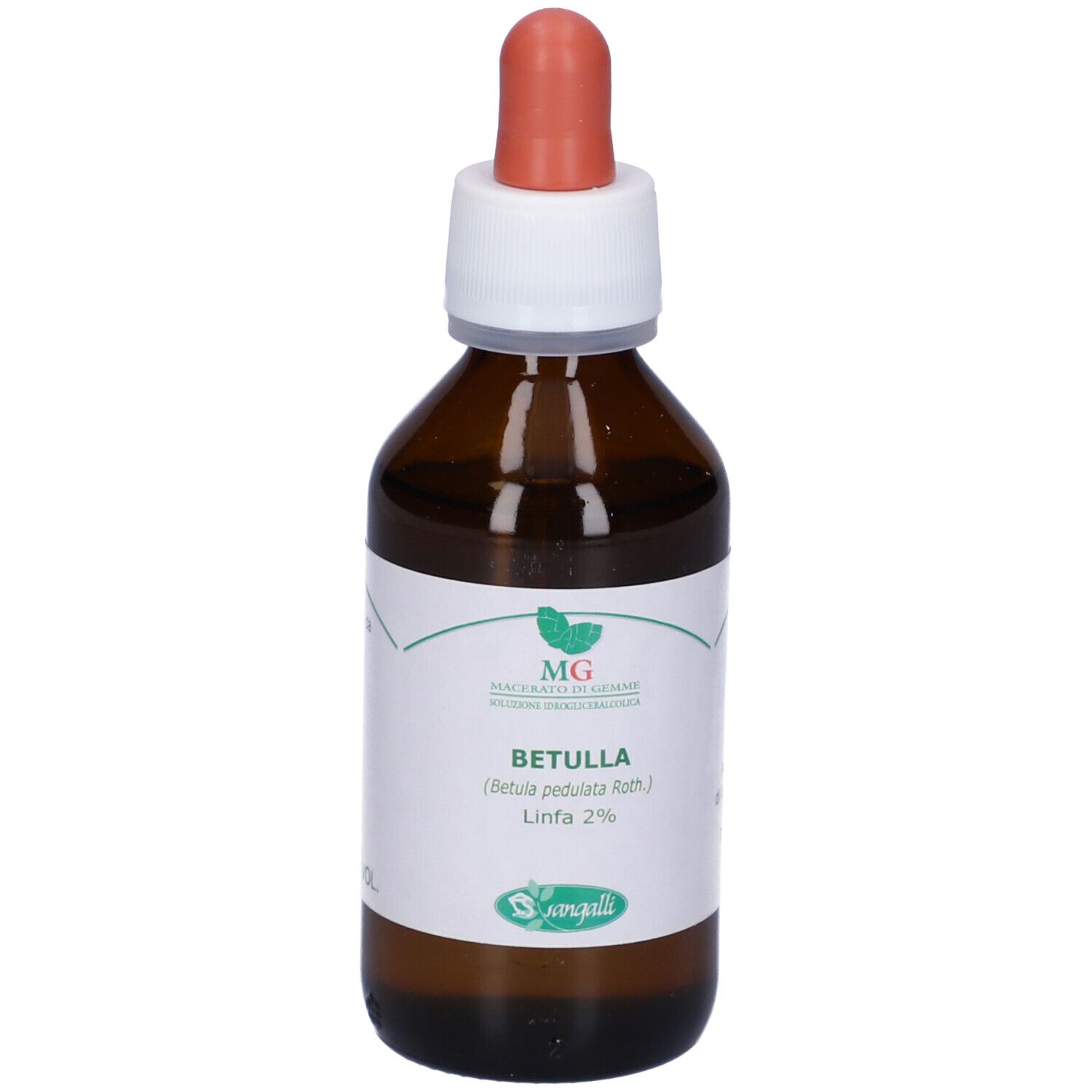 Flacone in vetro marrone con etichetta bianca e contagocce rosso. Contiene liquido.
