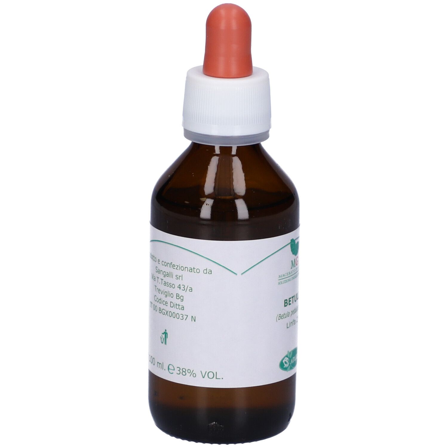 Flacone in vetro marrone con etichetta bianca e contagocce rosso. Contiene liquido.