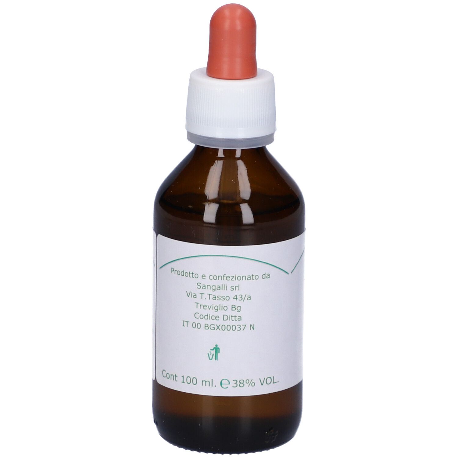 Flacone in vetro marrone con etichetta bianca e contagocce rosso. Contiene liquido.