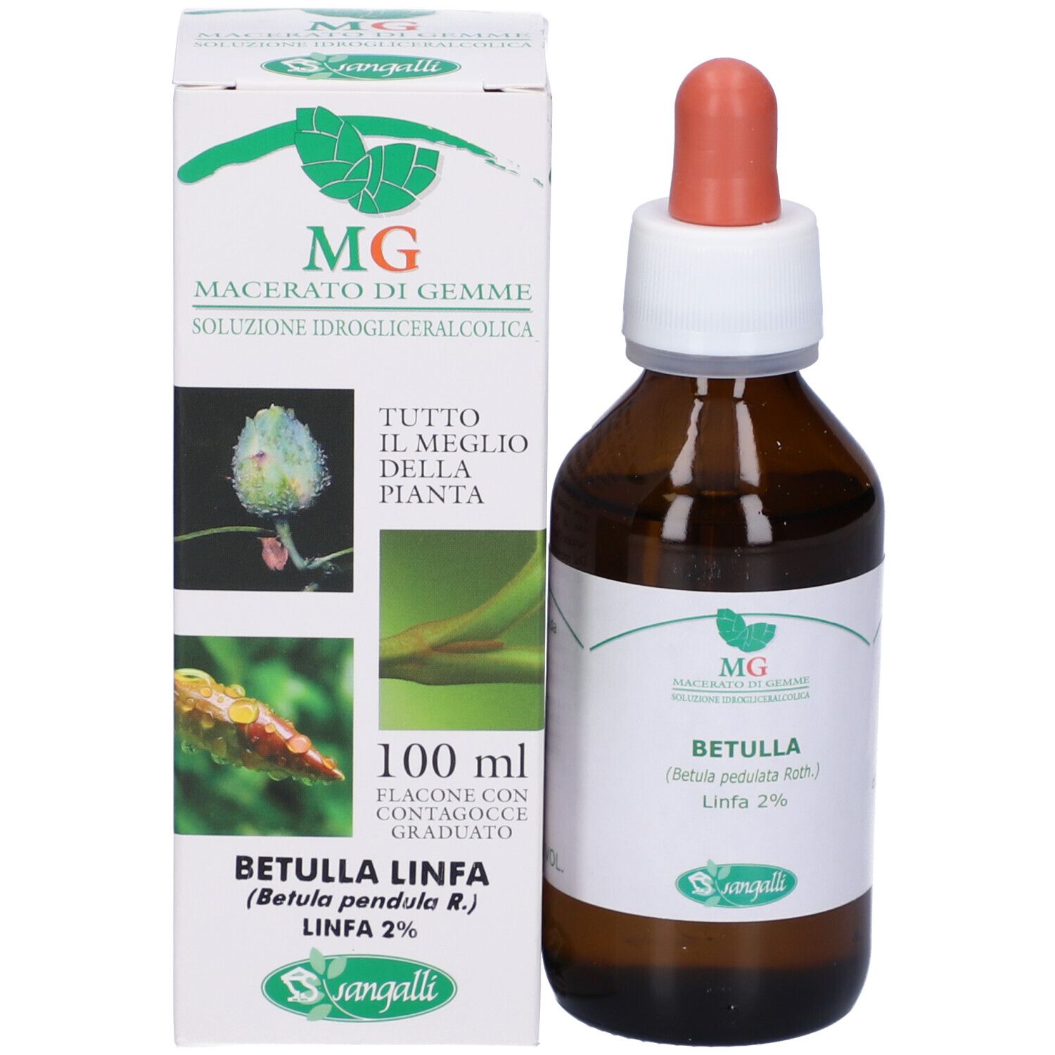 Bottiglia e confezione del prodotto affiancate. Bottiglia con contagocce, confezione con testo e immagini.