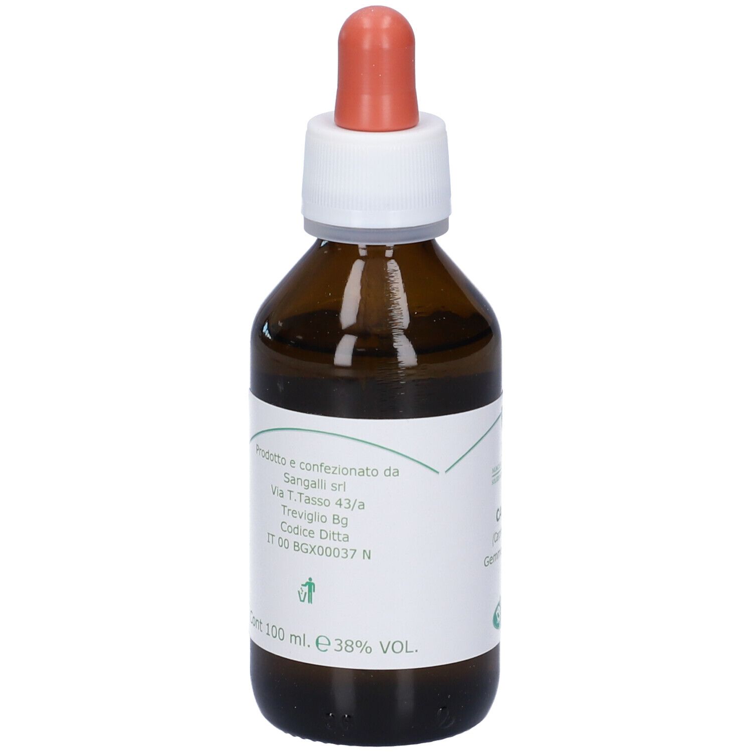 Flacone di vetro marrone con contagocce. Scritta: 100 ml. Etichetta con indirizzo produttore e informazioni.