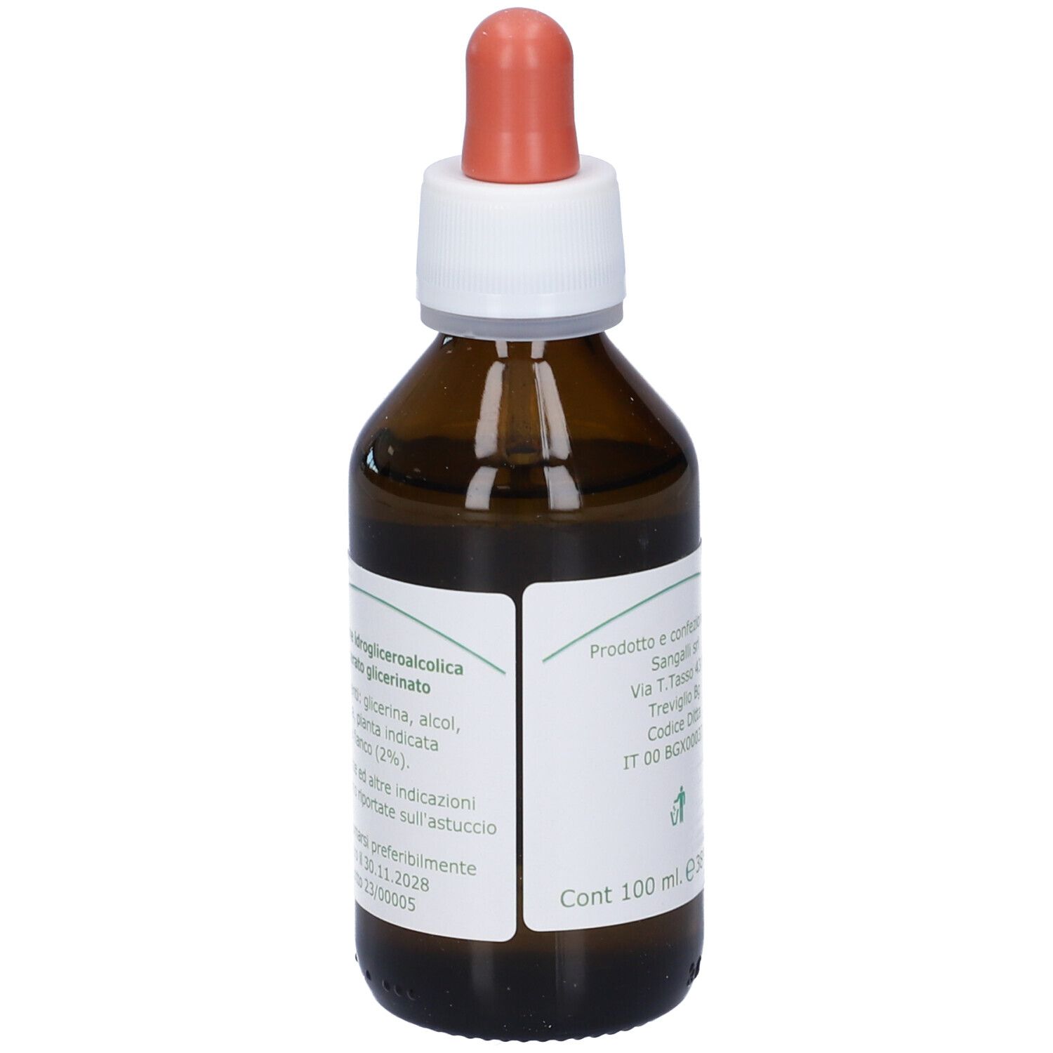 Flacone di vetro marrone con contagocce. Etichetta con ingredienti e informazioni. Scritta: Cont 100 ml.