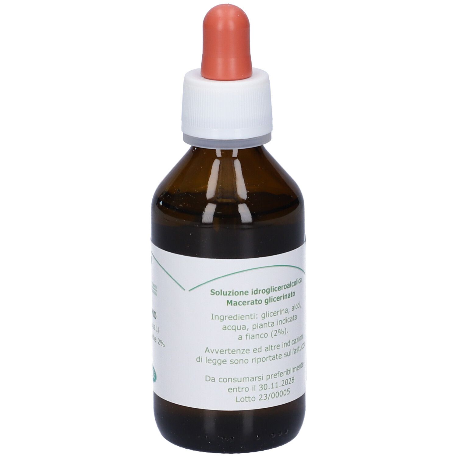 Flacone di vetro marrone con contagocce. Etichetta con ingredienti e informazioni. Scritta: Cont 100 ml.