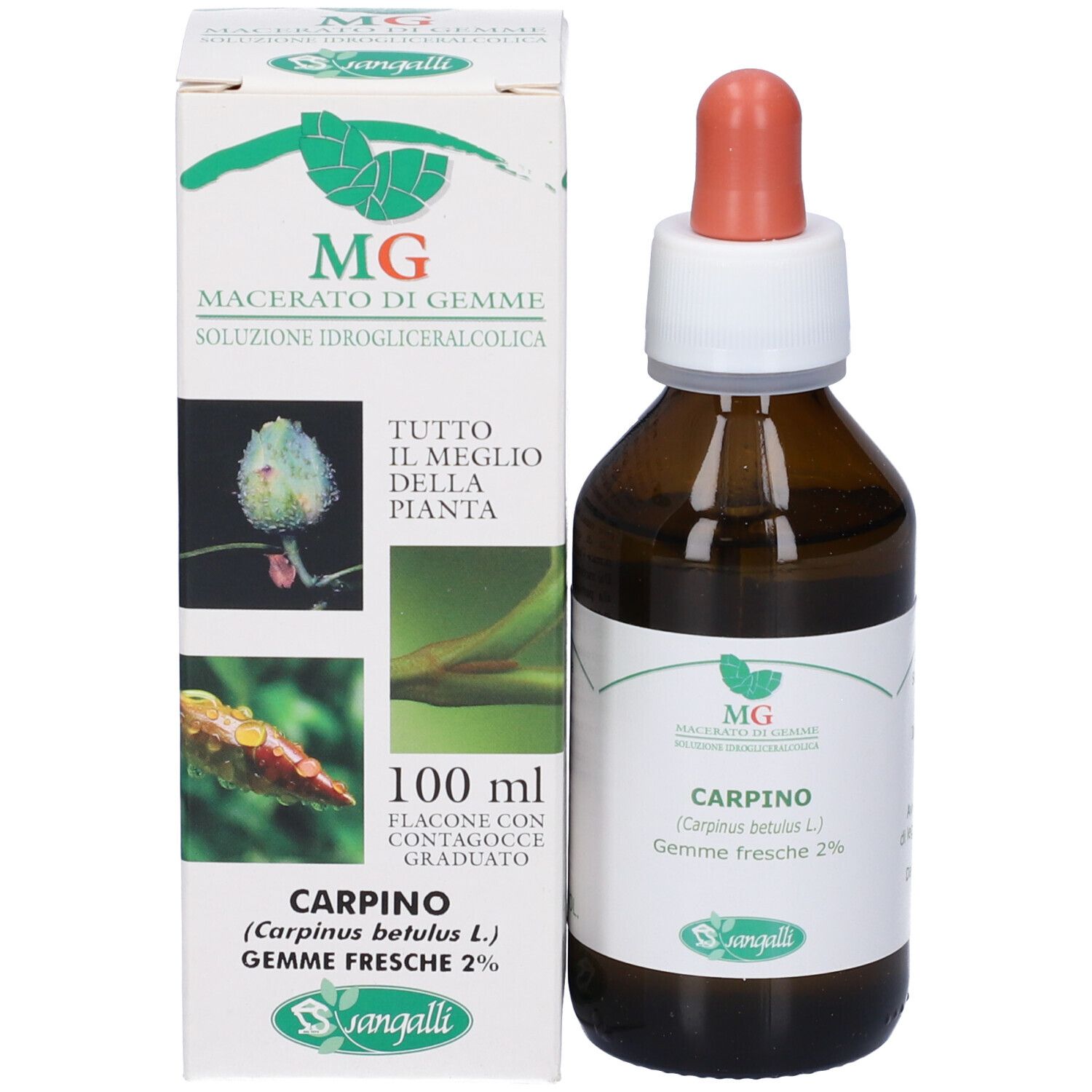 Flacone del prodotto con confezione. Flacone con contagocce. Confezione con immagini e informazioni.