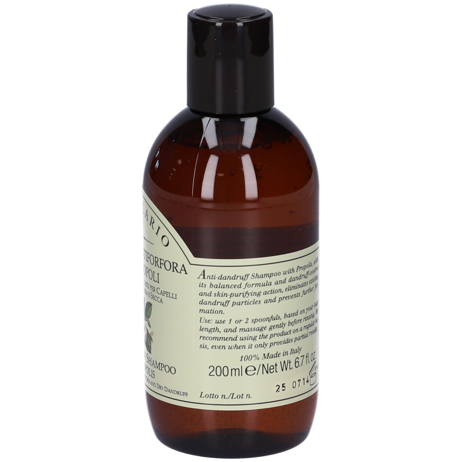 Flacone marrone di shampoo con tappo nero, etichetta con testo e indicazione 200ml.