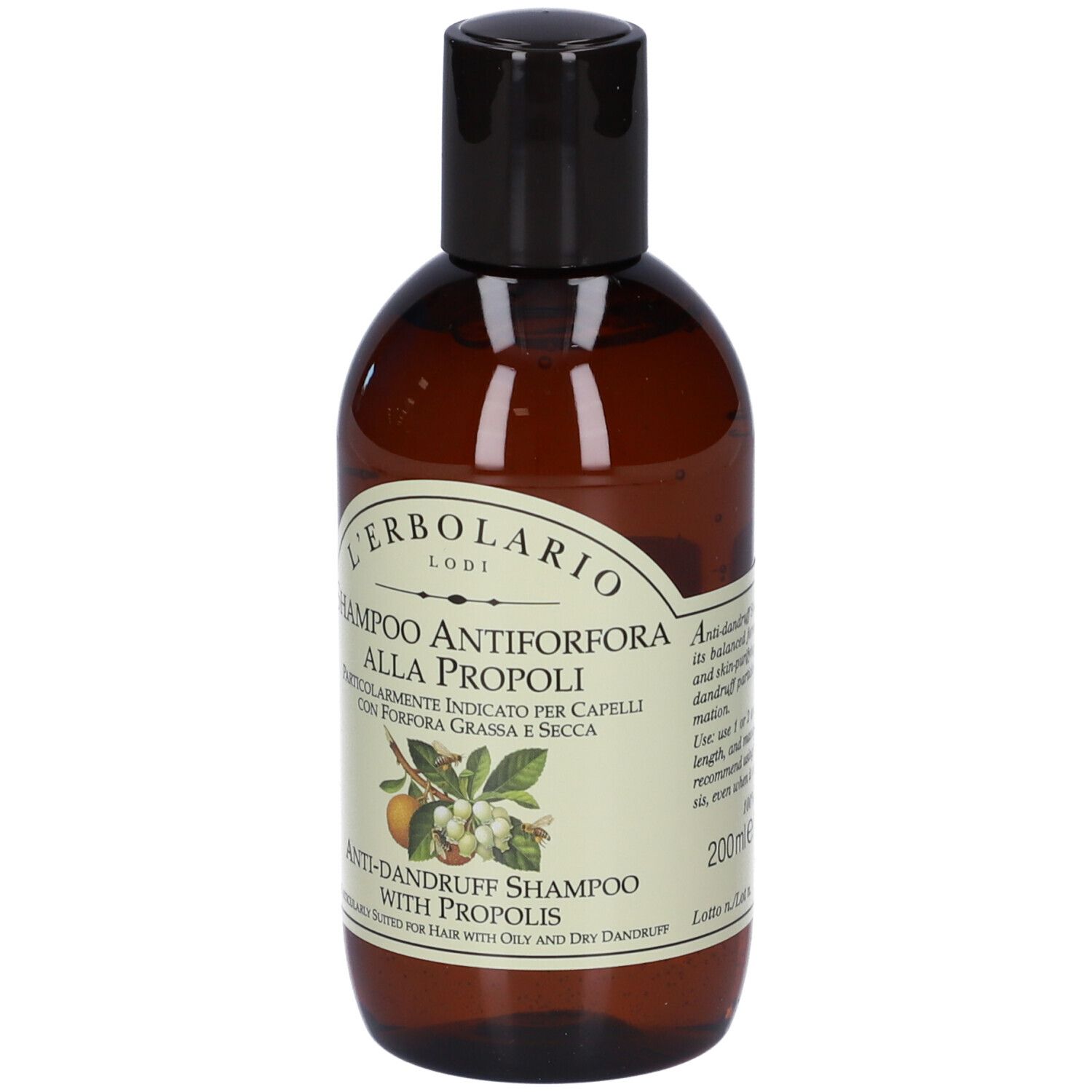 Flacone marrone di shampoo con tappo nero ed etichetta con illustrazione di piante e api.