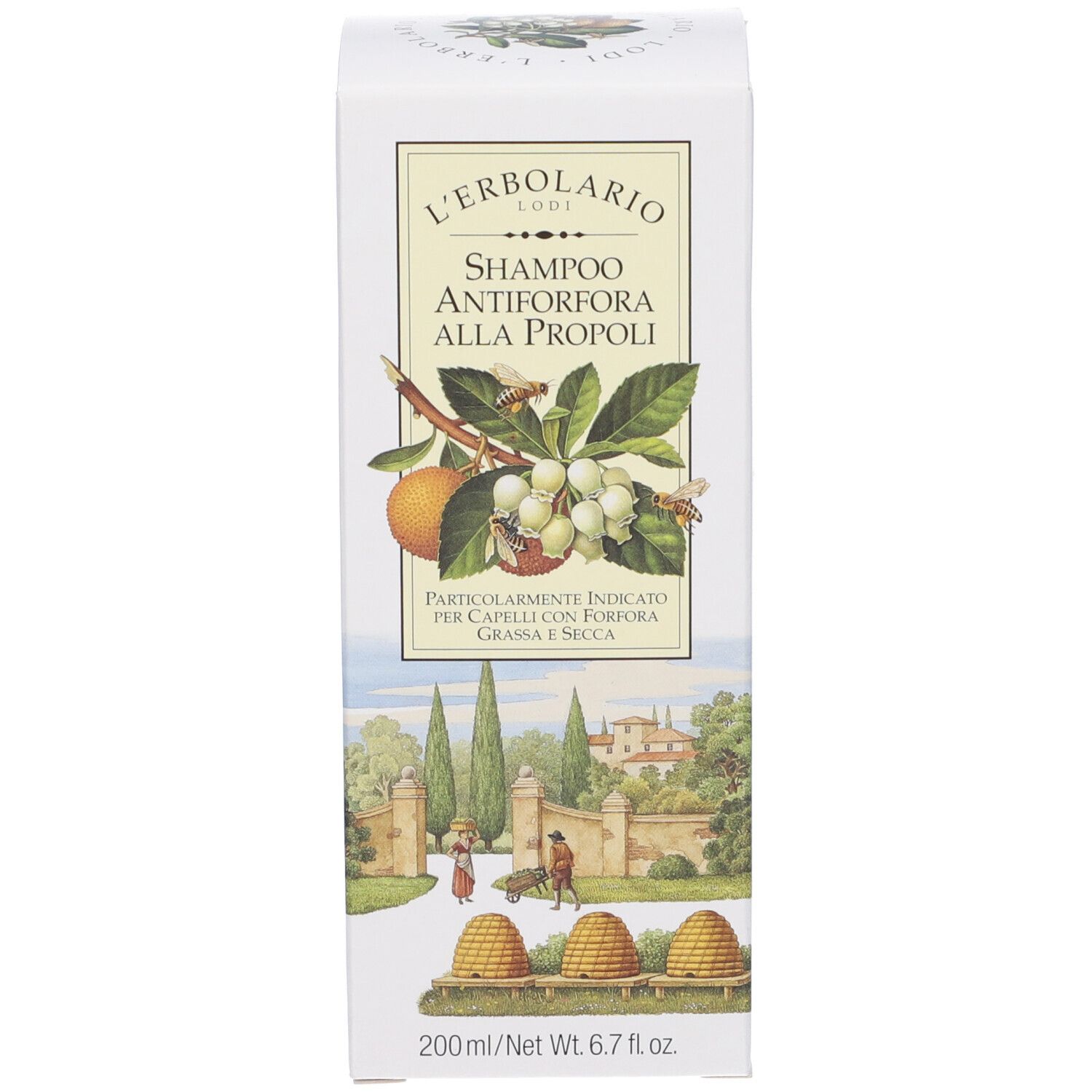 Scatola di cartone per shampoo con motivo paesaggistico e di api, 200ml.