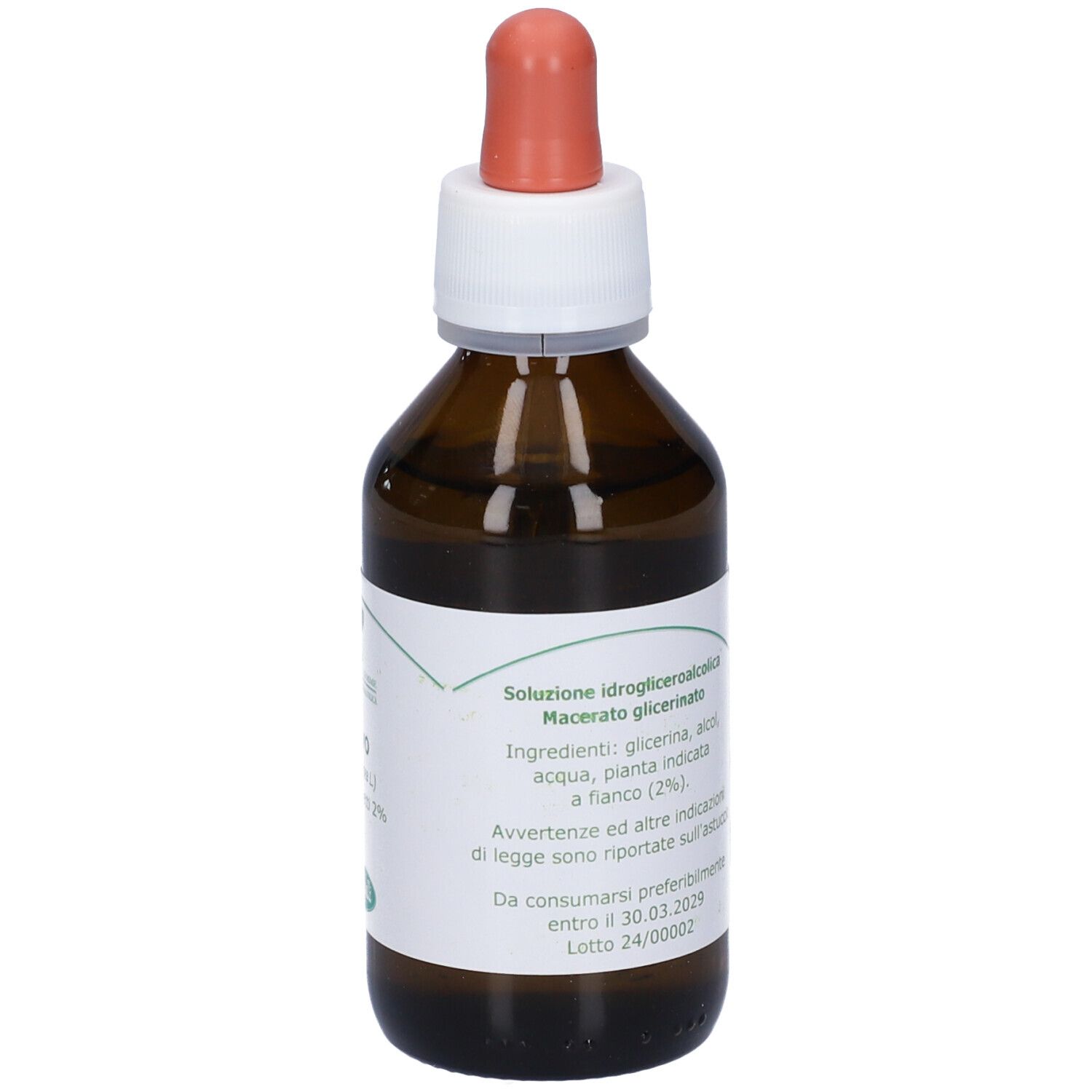 Flacone di vetro marrone con contagocce. Etichetta con testo: Macerato glicerico.