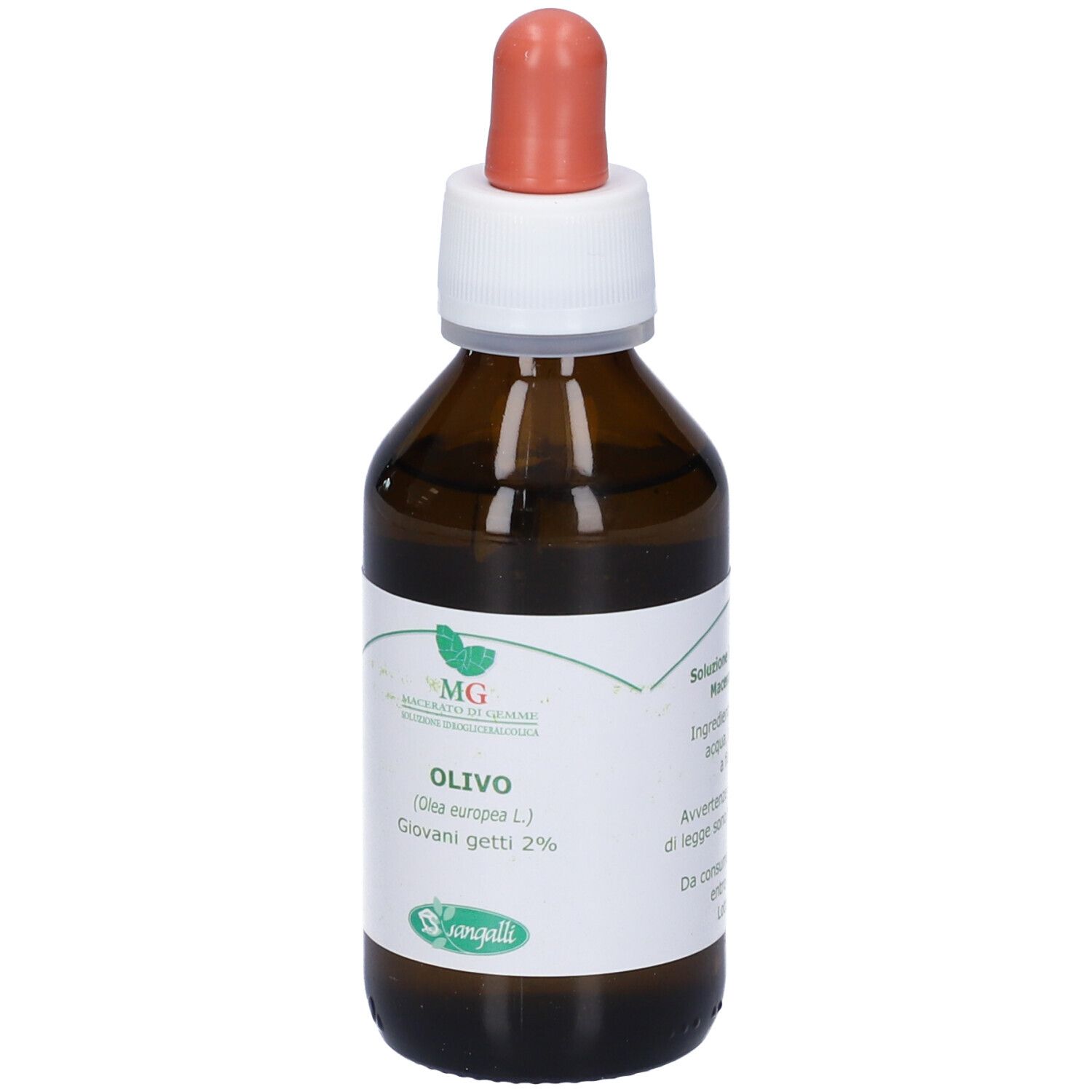 Flacone di vetro marrone con contagocce. Etichetta con testo: Olivo, giovani getti 2%.