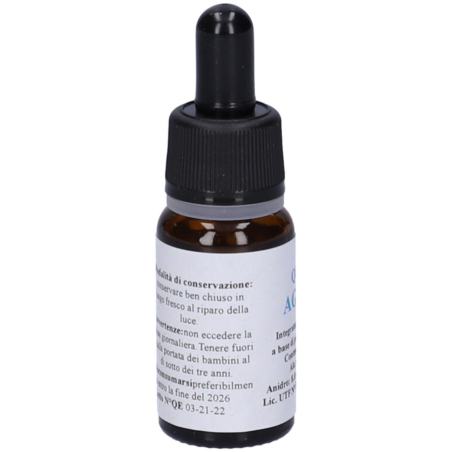 Flacone di vetro marrone con contagocce nero. Etichetta con testo. QE 22 AGLIO, 10 ml. Prodotto per la salute.
