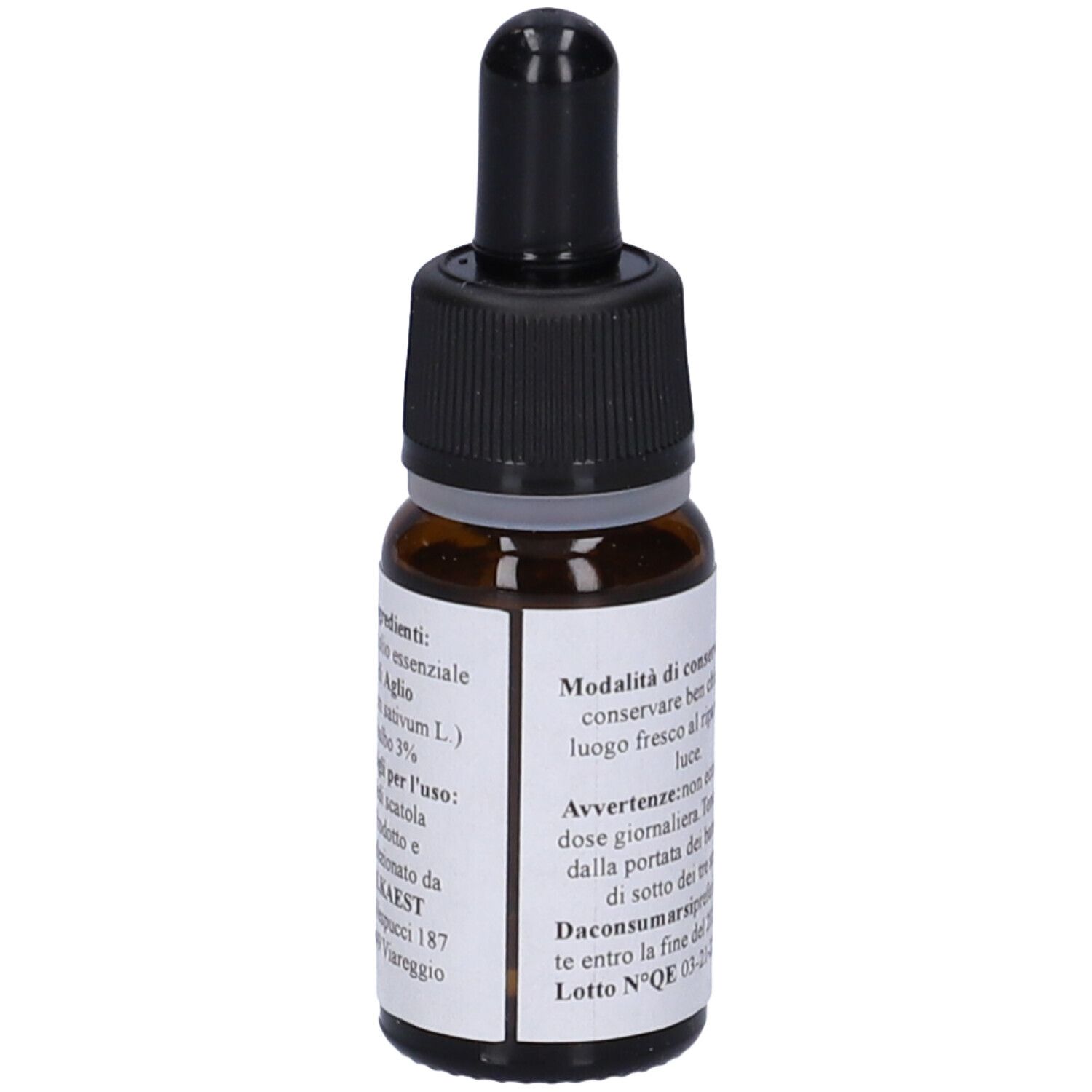 Flacone di vetro marrone con contagocce nero. Etichetta con testo. QE 22 AGLIO, 10 ml. Prodotto per la salute.