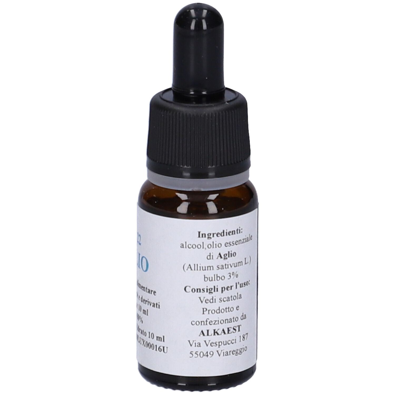 Flacone di vetro marrone con contagocce nero. Etichetta con testo. QE 22 AGLIO, 10 ml. Prodotto per la salute.