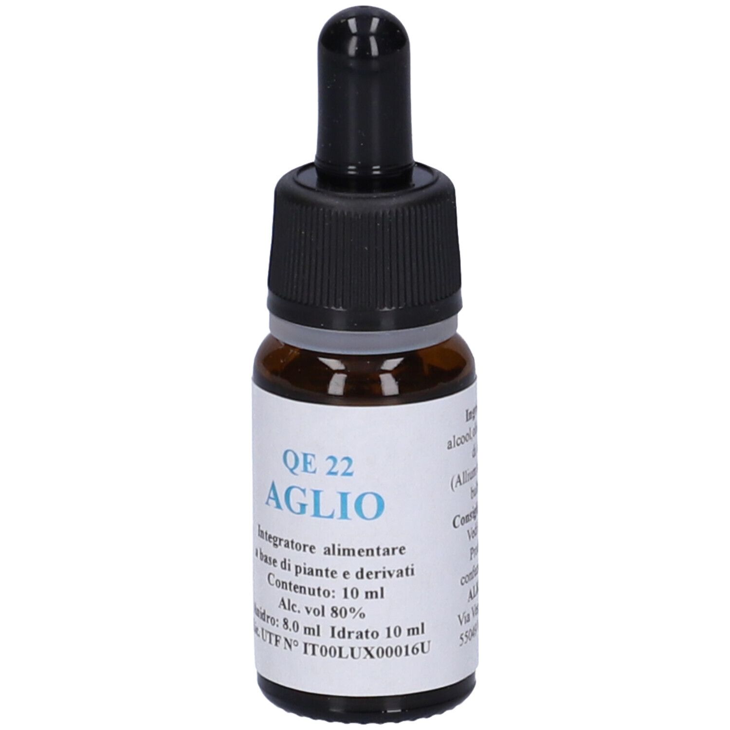 Flacone di vetro marrone con contagocce nero. Etichetta con testo. QE 22 AGLIO, 10 ml. Prodotto per la salute.
