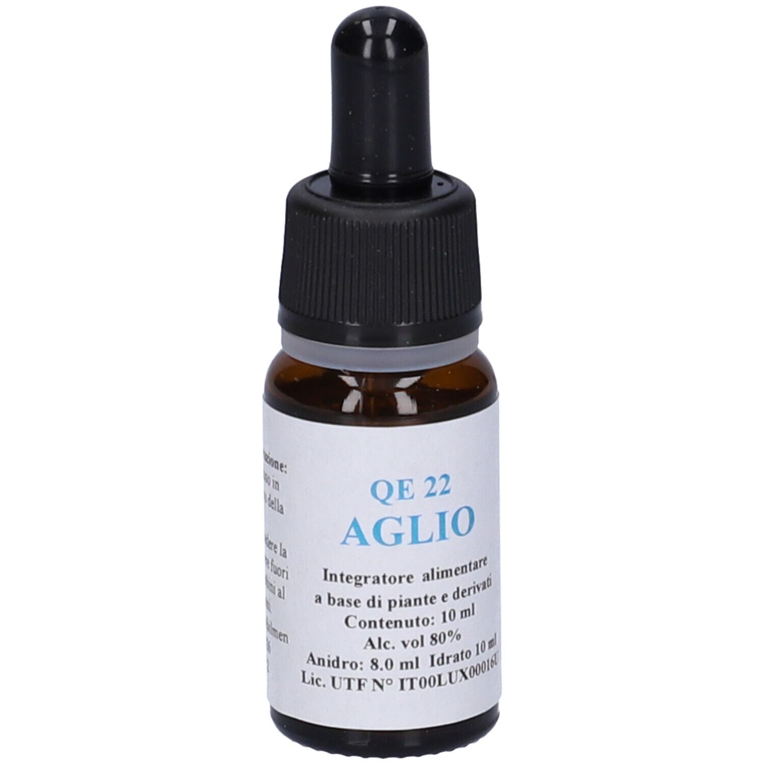 Flacone di vetro marrone con contagocce nero. Etichetta con testo. QE 22 AGLIO, 10 ml. Prodotto per la salute.