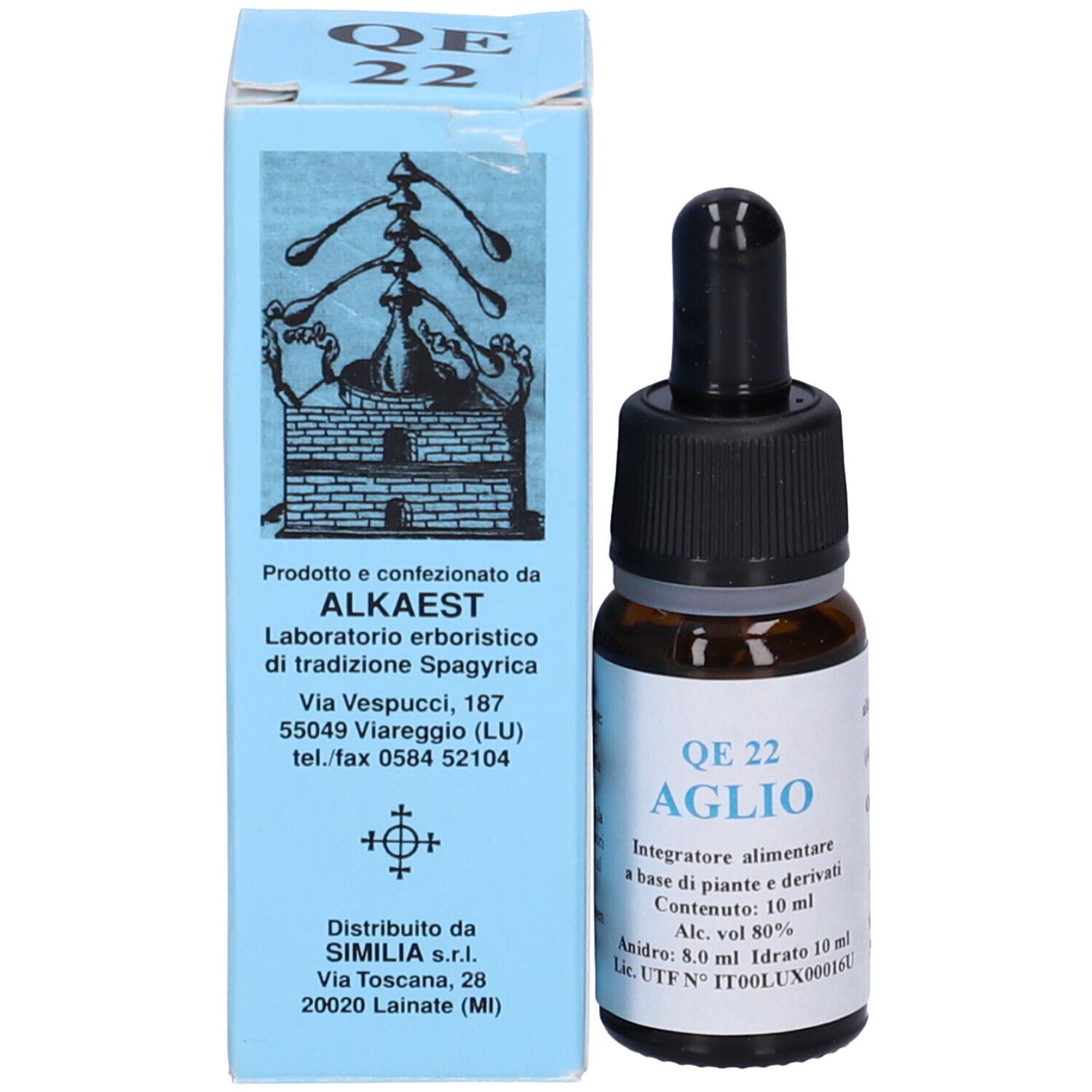 Flacone di vetro marrone con contagocce nero e scatola azzurra. Scritta: QE 22 AGLIO, 10 ml. Prodotto per la salute.