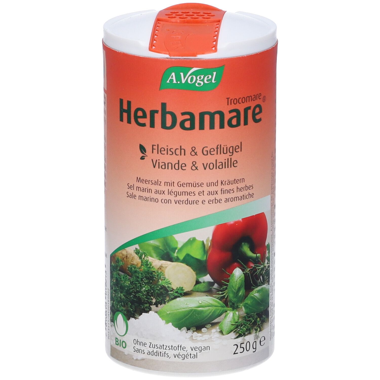 A. Vogel Herbamares. Carne & pollame. Barattolo da 250g. Certificazione bio. Immagini di verdure ed erbe.