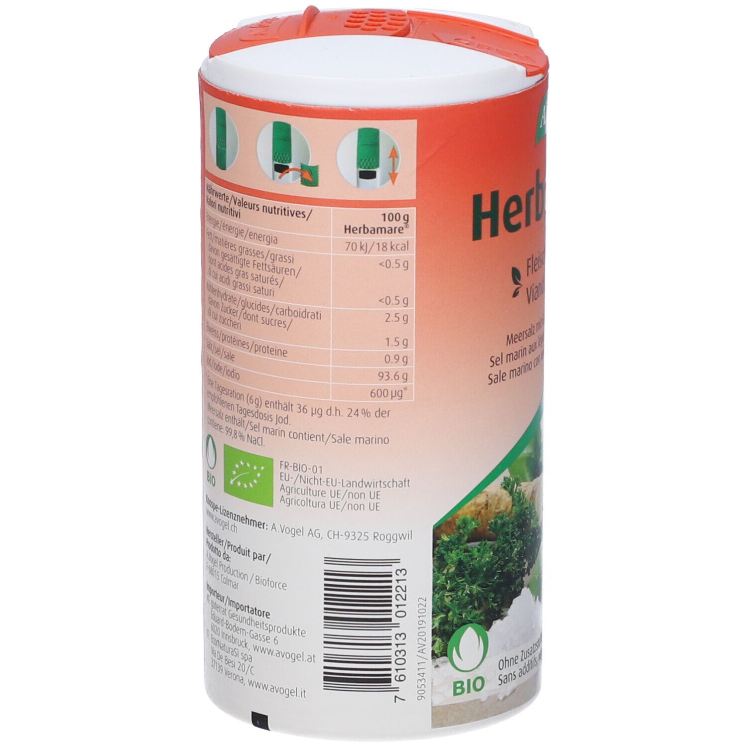 Retro del barattolo Herbamares. Informazioni nutrizionali, elenco ingredienti, certificazione bio, logo agricoltura UE, codice a barre.