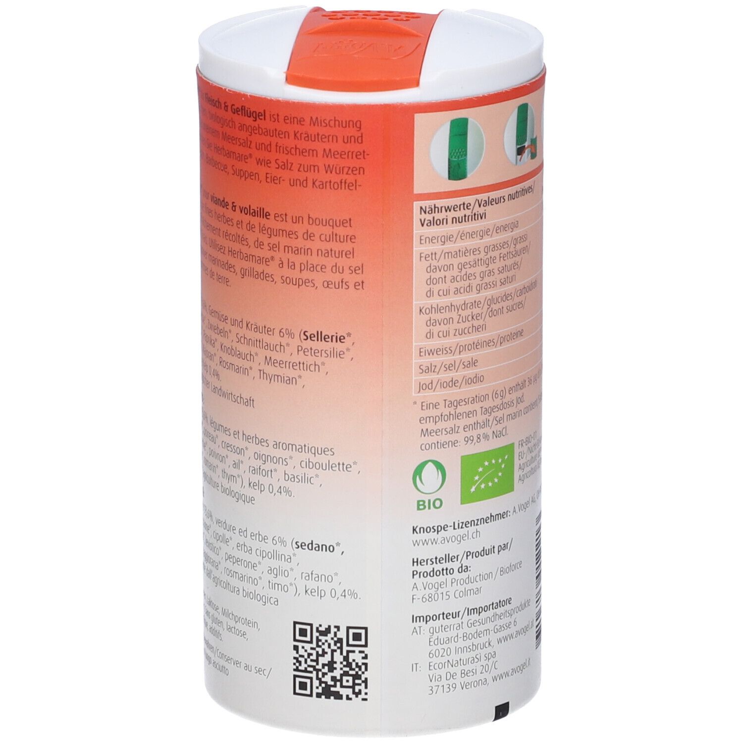 Barattolo Herbamares. Elenco ingredienti, informazioni nutrizionali, certificazione bio, logo germoglio. Testo in tedesco, francese, italiano.
