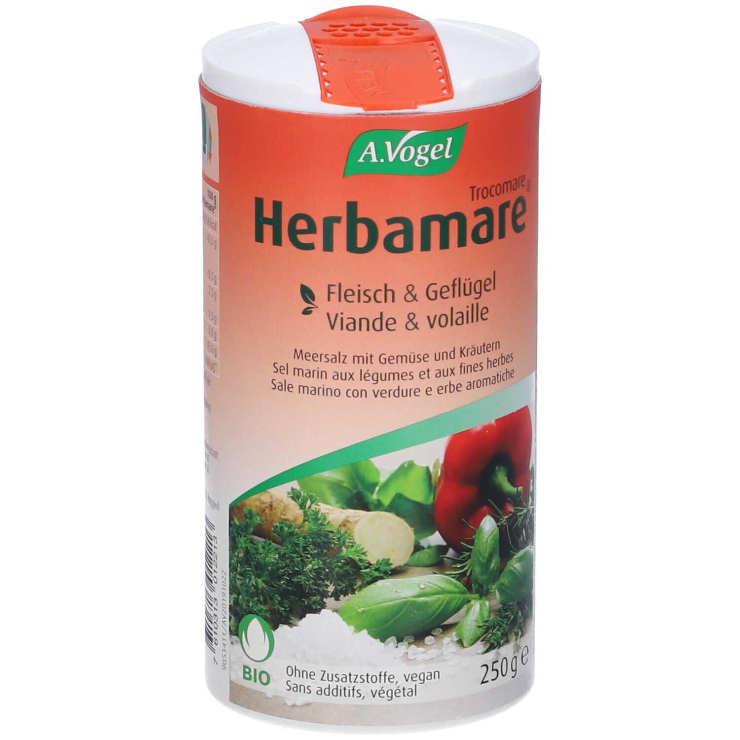 A. Vogel Herbamares. Carne & pollame. Barattolo da 250g. Certificazione bio. Immagini di verdure ed erbe.