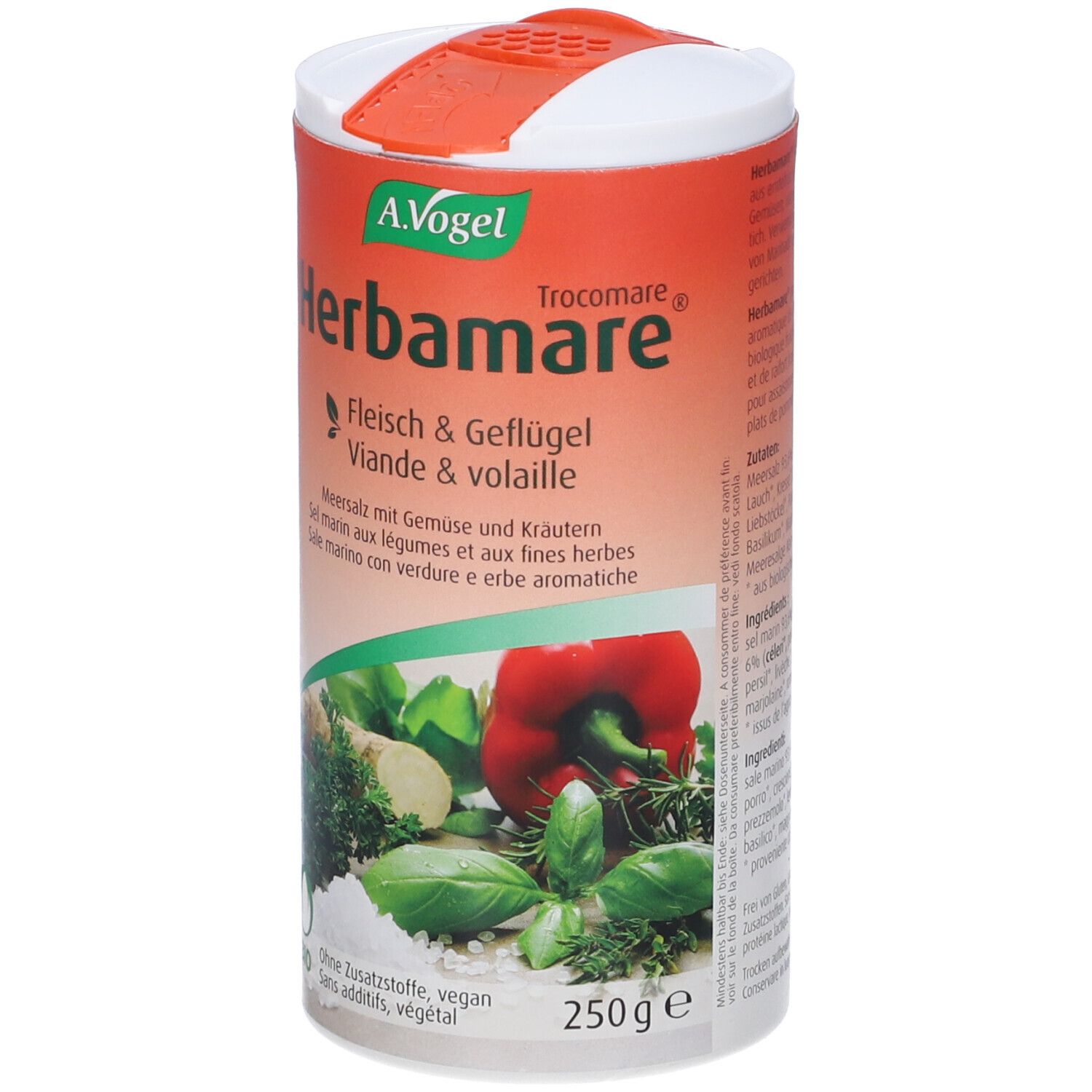 A. Vogel Herbamares. Carne & pollame. Barattolo da 250g. Certificazione bio. Immagini di verdure ed erbe.