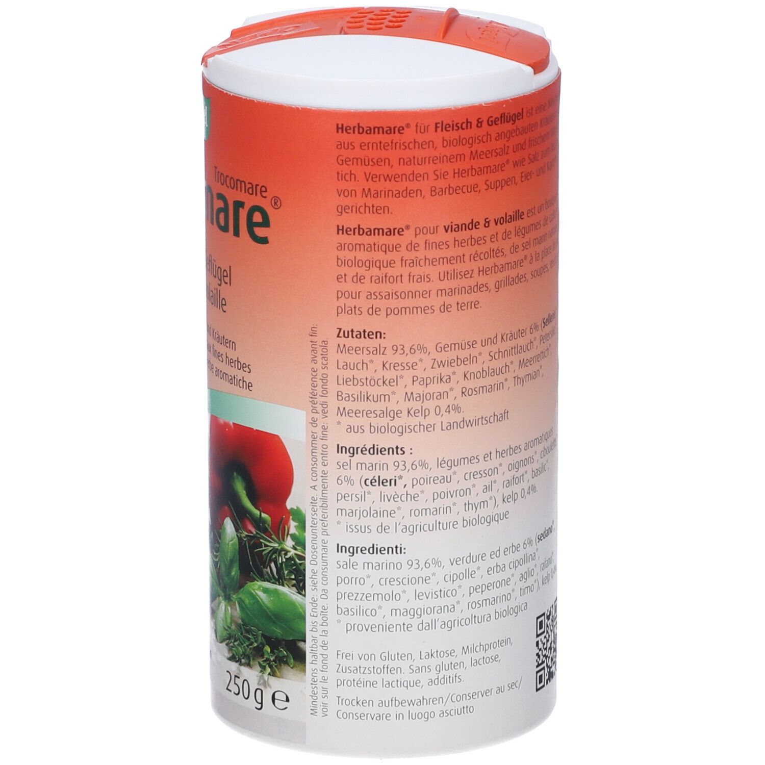 Retro del barattolo Herbamares. Elenco ingredienti, testo in tedesco, francese, italiano. Certificazione bio, codice QR.
