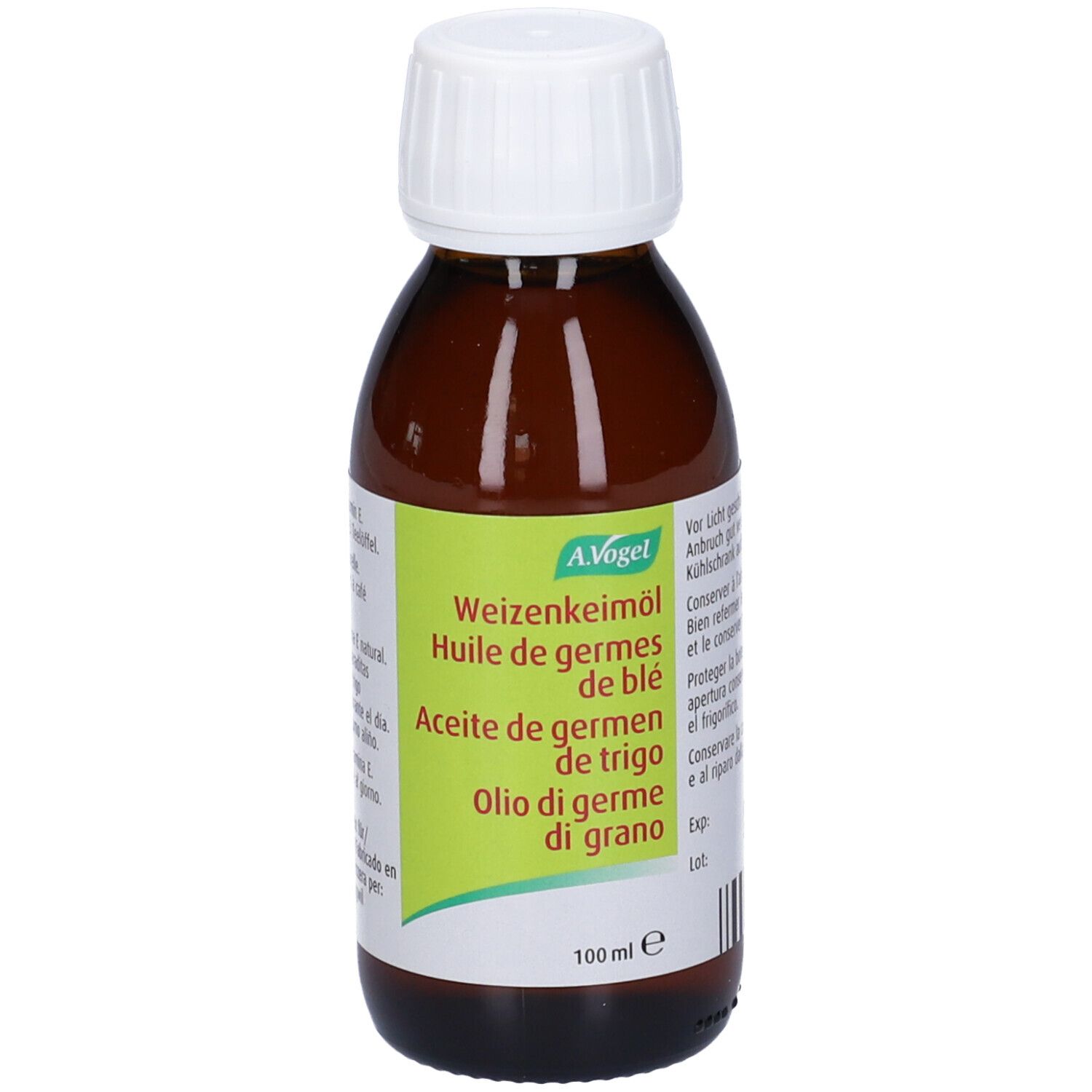 Flacone di vetro marrone con tappo bianco. Etichettatura in tedesco, francese, spagnolo e italiano. Marchio A.Vogel.