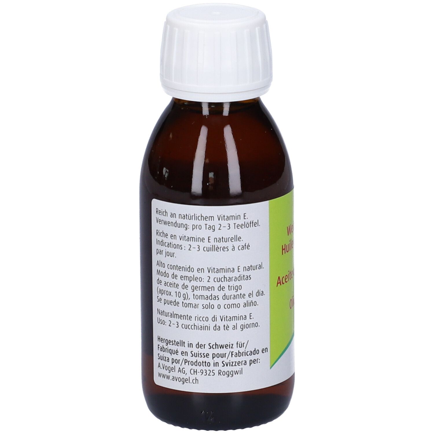 Flacone di vetro marrone con tappo bianco. Retro con testo in tedesco, francese, spagnolo e italiano. Marchio A.Vogel.