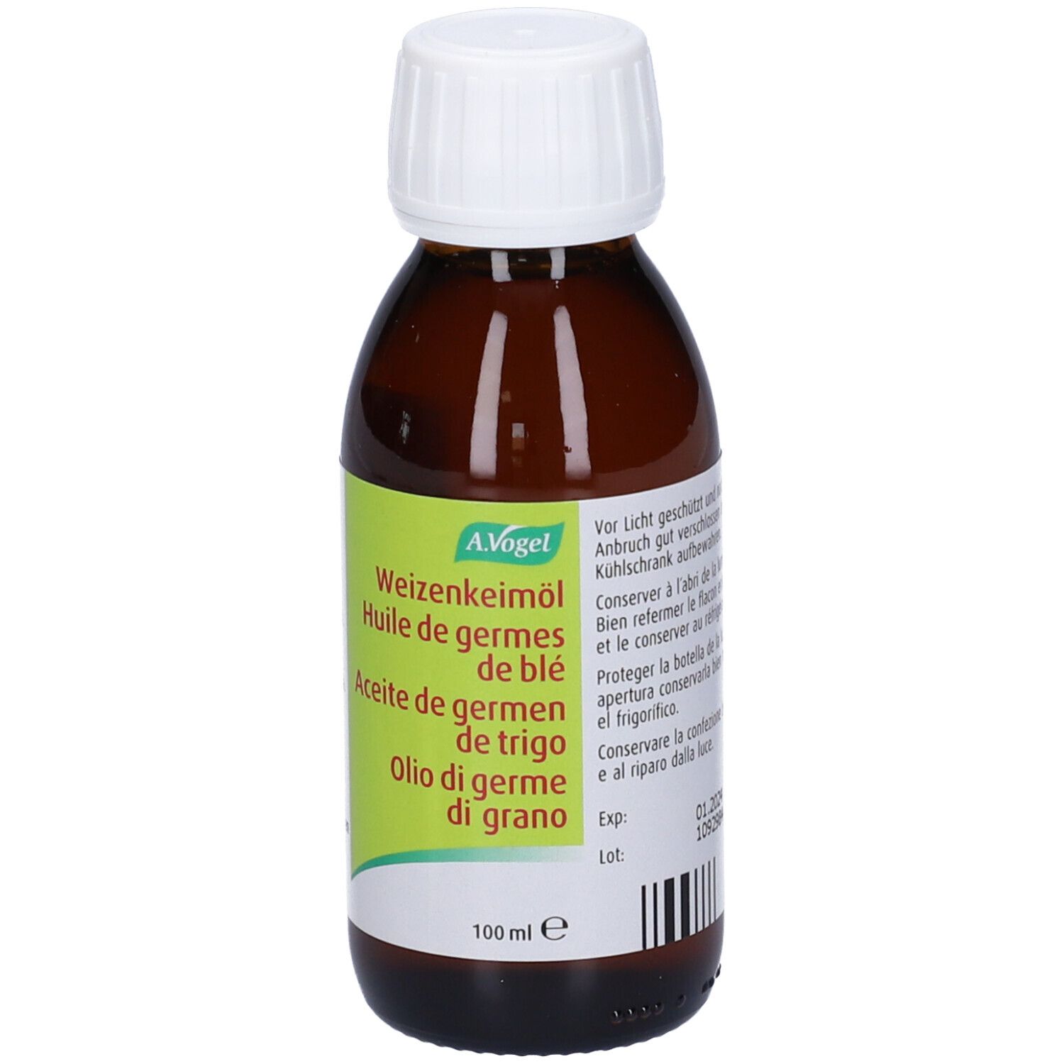 Flacone di vetro marrone con tappo bianco. Etichettatura in tedesco, francese, spagnolo e italiano. Marchio A.Vogel.