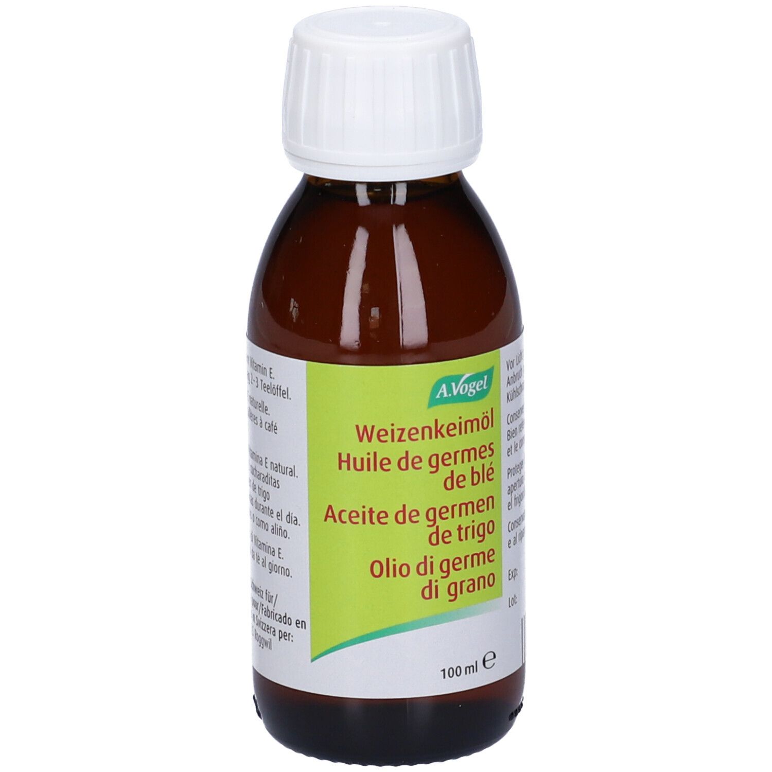 Flacone di vetro marrone con tappo bianco. Etichettatura in tedesco, francese, spagnolo e italiano. Marchio A.Vogel.