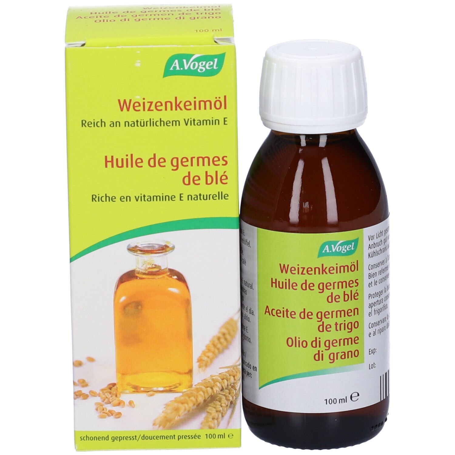 Flacone e confezione del prodotto. Flacone in vetro marrone con tappo bianco. Confezione con testo e marchio A.Vogel.