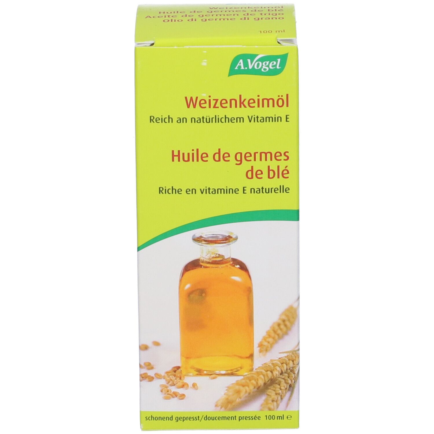 Confezione del prodotto con immagine del flacone. Testo in tedesco e francese. Marchio A.Vogel. Confezione gialla.