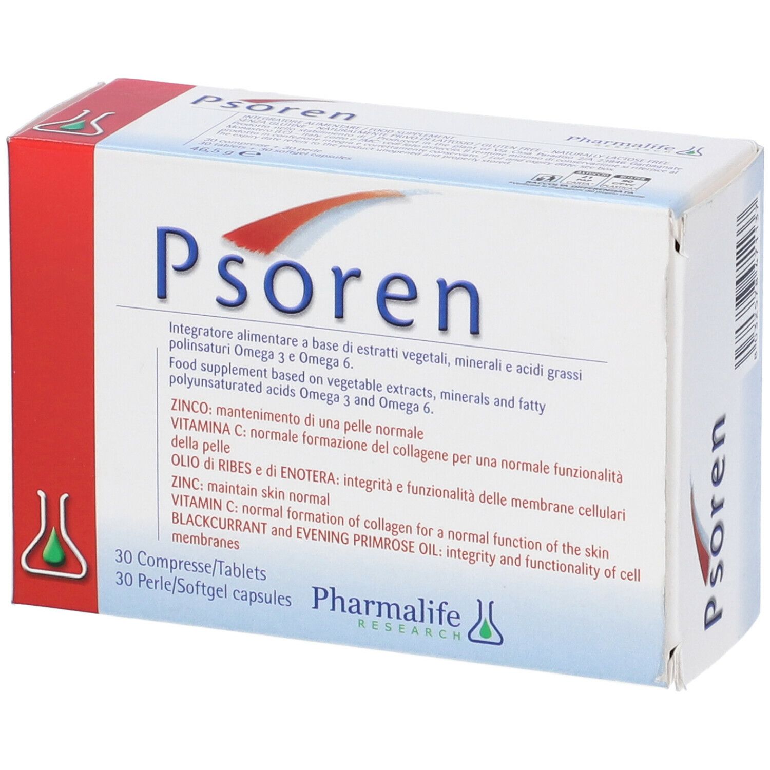 Scatola Psoren con design rosso e blu. Contiene 30 compresse e 30 perle/capsule. Scritta: Pharmalife Research.