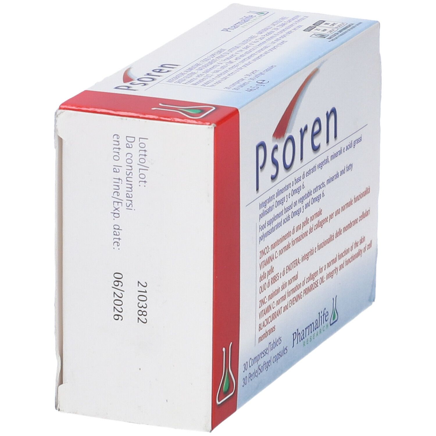 Scatola Psoren, vista obliqua dall'alto. Striscia rossa, testo blu. Contiene 30 compresse e 30 perle/capsule.