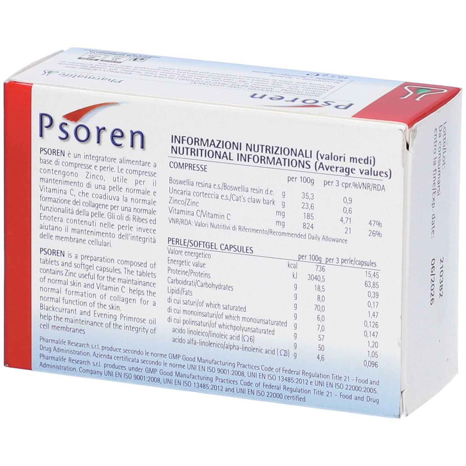 Retro della scatola Psoren con informazioni nutrizionali. Contiene 30 compresse e 30 perle/capsule. Scritta: Pharmalife Research.